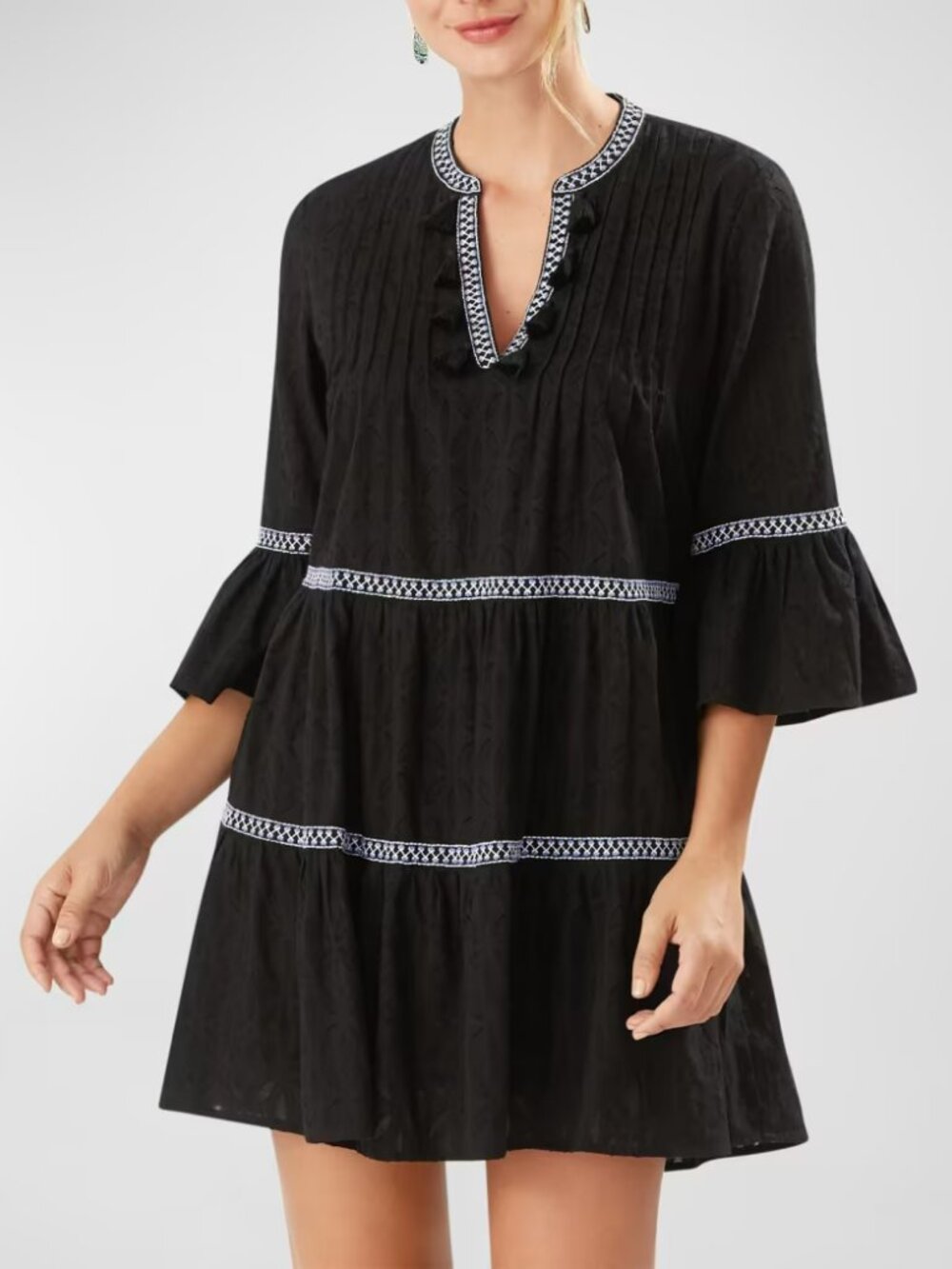 Tommy Bahama Black Coast Tiered Tassel Jacquard Tunic Cover Up Dress Womens